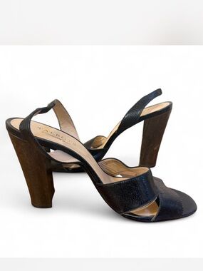 Talbots Black Leather Slingback Wood Block Heel Sandals